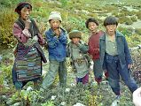 6 4 Children At Yulok Village Near Kharta A young girl and four younger boys from the Yulok village ran down the hill to stare at us. The boys wore dirty tattered western style clothing, while the girl wore traditional Tibetan clothing, except for their cheap Chinese green sneakers.